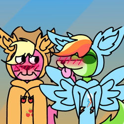 Size: 1280x1280 | Tagged: safe, artist:bluedeerfox14, applejack, rainbow dash, oc, big cat, dog, anthro, blushing, canon x oc, clothes, fake wings, hanna barbera, hoodie, jellystone (hbo max), male, males only, shipping