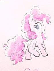 Size: 1536x2048 | Tagged: safe, artist:fipoki, pinkie pie, earth pony, pony, g4, cute, diapinkes, female, filly, filly pinkie pie, foal, open mouth, side view, solo, traditional art, younger