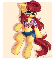 Size: 1264x1387 | Tagged: safe, artist:airiniblock, oc, oc only, oc:golden, pony, rcf community, clothes, commission, cute, denim shorts, ear fluff, ear piercing, earring, eye clipping through hair, eyebrows, eyebrows visible through hair, flash drive, front knot midriff, glasses, jewelry, midriff, piercing, shirt, shorts, solo