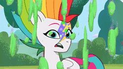 Size: 1280x720 | Tagged: safe, color edit, edit, edited screencap, screencap, zipp storm, pegasus, pony, g5, my little pony: tell your tale, zipp's yes day, spoiler:g5, spoiler:my little pony: tell your tale, spoiler:tyts01e22, alternate hairstyle, animated, colored, female, gif, glitter, glitter slime, mare, multicolored hair, open mouth, open smile, rainbow hair, slime, smiling, solo