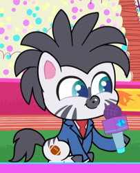 Size: 646x794 | Tagged: safe, screencap, herd happily, zebra, g4.5, my little pony: pony life, the rarity report, clothes, cute, male, microphone, necktie, shirt, sitting, smiling, solo, stallion