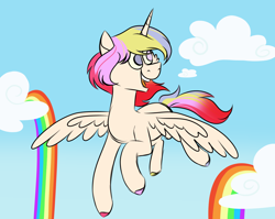 Size: 1280x1020 | Tagged: safe, artist:fuckomcfuck, oc, oc only, oc:mythic, alicorn, pony, alicorn oc, cloud, feathered wings, flying, heterochromia, horn, male, no pupils, open mouth, open smile, rainbow, smiling, solo, spread wings, wings