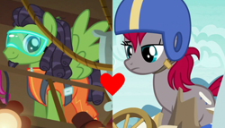 Size: 1464x836 | Tagged: safe, edit, edited screencap, screencap, crimson skate, geronimo, scootaloo, earth pony, pegasus, pony, g4, on your marks, the cart before the ponies, clothes, crimson skate is not amused, dreadlocks, facial hair, female, goatee, goggles, harness, heart, helmet, jumpsuit, male, shipping, shipping domino, skateonimo, stallion, straight, tack, unamused, wreckage