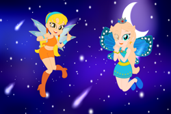 Size: 3000x2000 | Tagged: safe, artist:heidi-sky-blues, artist:user15432, artist:yaya54320bases, fairy, human, equestria girls, g4, barely eqg related, base used, belly button, blue dress, blue wings, boots, bracelet, clothes, crossover, crown, dress, duo, ear piercing, earring, equestria girls style, equestria girls-ified, fairy princess, fairy wings, fairyized, flying, headband, high heel boots, high heels, high res, jewelry, looking at you, magic winx, moon, night, open mouth, piercing, pigtails, pointing at you, princess rosalina, regalia, rosalina, shoes, shooting star, shorts, sky, sparkly wings, stars, stella (winx club), super mario bros., wings, winx, winx club, winxified, wristband