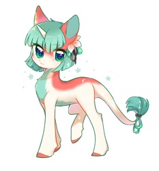 Size: 575x618 | Tagged: safe, artist:dreamsugar, oc, oc only, pony, unicorn, chest fluff, colored ears, colored hooves, colored pinnae, commission, cute, eye clipping through hair, eyebrows, eyebrows visible through hair, female, freckles, full body, green eyes, green mane, green tail, horn, leonine tail, looking at you, mare, multicolored coat, raised hoof, simple background, solo, tail, walking, white background