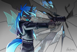 Size: 3000x2000 | Tagged: safe, artist:jedayskayvoker, oc, oc only, oc:kryostasis, changeling, anthro, angry, blue changeling, changeling oc, clothes, colored sketch, cracks, crying, denim, eyebrows, fangs, gun, handgun, high res, horn, jacket, jeans, leather, leather jacket, male, pants, revolver, sketch, solo, spread wings, stallion, tears of pain, teary eyes, weapon, wings