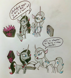 Size: 2336x2567 | Tagged: safe, artist:littlemissyxdl, oleander (tfh), pony, unicorn, them's fightin' herds, book, community related, curved horn, doppelganger, high res, horn, pure oleander, self paradox, self ponidox, traditional art, unicornomicon, unshorn fetlocks