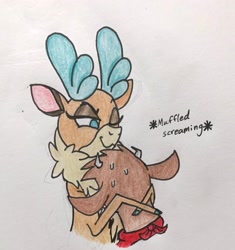 Size: 2400x2558 | Tagged: safe, artist:littlemissyxdl, arizona (tfh), velvet (tfh), cow, deer, reindeer, them's fightin' herds, calf, community related, high res, suffocating, sweat, traditional art