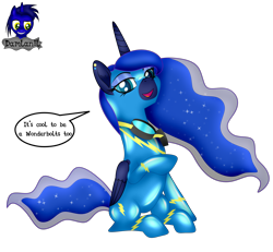 Size: 4154x3840 | Tagged: safe, artist:damlanil, princess luna, alicorn, pony, g4, bodysuit, catsuit, clothes, comic, cute, ear piercing, ethereal mane, eyeshadow, female, galaxy mane, goggles, horn, jewelry, latex, latex suit, looking at you, makeup, mare, piercing, rubber, shiny, shiny mane, show accurate, simple background, sitting, smiling, smiling at you, solo, speech bubble, suit, text, transparent background, uniform, vector, wings, wonderbolts, wonderbolts uniform