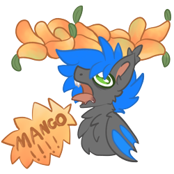 Size: 2000x2000 | Tagged: safe, artist:michini, oc, oc:prismarine gale, bat pony, pony, drool, food, high res, mango, screaming, simple background, speech bubble, text, transparent background