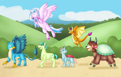 Size: 1600x1027 | Tagged: safe, artist:spacemalla, gallus, ocellus, sandbar, silverstream, smolder, yona, changedling, changeling, classical hippogriff, dragon, earth pony, griffon, hippogriff, pony, yak, g4, bow, cloven hooves, colored hooves, dragoness, female, flying, hair bow, jewelry, male, monkey swings, necklace, student six, teenager