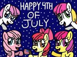 Size: 1024x768 | Tagged: safe, artist:danielthebrony57, apple bloom, apple spice, baby honolu-loo, baby sundance, baby tiddley-winks, earth pony, pegasus, pony, g1, g3, g4, 4th of july, adorabloom, american flag, baby, baby pony, baby sundawwnce, baby tiddlybetes, clapping, cute, eye clipping through hair, female, filly, flag, foal, g1 to g4, g3 to g4, generation leap, generational ponidox, generations, grin, holiday, honolubetes, open mouth, open smile, raised arm, slowpoke, smiling, spiceabetes, trio, underhoof, united states, waving