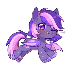 Size: 500x500 | Tagged: safe, artist:dreamsugar, oc, oc only, oc:midnight mist, bat pony, pony, bat wings, chibi, commission, eye clipping through hair, female, looking at you, one eye closed, simple background, solo, tongue out, white background, wings, wink, winking at you