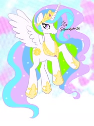 Size: 1216x1625 | Tagged: safe, artist:hanagehoge, princess celestia, alicorn, pony, g4, female, flying, horn, jewelry, mare, profile, regalia, simple background, solo, spread wings, white background, wings