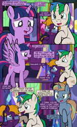 Size: 1920x3168 | Tagged: safe, artist:alexdti, twilight sparkle, oc, oc:brainstorm (alexdti), oc:purple creativity, oc:star logic, alicorn, pegasus, pony, unicorn, comic:quest for friendship, g4, comic, crying, dialogue, female, folded wings, glasses, high res, hooves, horn, lidded eyes, looking at someone, male, mare, narrowed eyes, one eye closed, open mouth, open smile, pegasus oc, raised hoof, sitting, smiling, speech bubble, spread wings, stallion, standing, tears of joy, teary eyes, twilight sparkle (alicorn), unicorn oc, wings