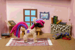 Size: 1500x1000 | Tagged: safe, artist:malte279, moondancer, pony, unicorn, g4, animated, book, bookshelf, chenille, chenille stems, chenille wire, craft, pipe cleaner sculpture, pipe cleaners, rotating, rotation, scroll