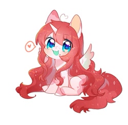 Size: 567x553 | Tagged: safe, artist:dreamsugar, oc, oc only, oc:nokori, alicorn, pony, alicorn oc, chibi, commission, eye clipping through hair, female, heart, horn, looking at you, open mouth, open smile, simple background, sitting, smiling, smiling at you, solo, speech bubble, spread wings, white background, wings