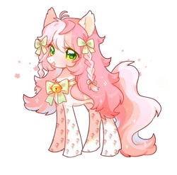 Size: 651x644 | Tagged: safe, artist:dreamsugar, oc, oc only, earth pony, pony, bell, bow, bowtie, cat bell, clothes, commission, eye clipping through hair, female, hair bow, looking at you, mare, open mouth, open smile, simple background, smiling, smiling at you, solo, white background