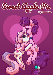 Size: 2480x3508 | Tagged: safe, artist:moonseeker, sugar belle, sweetie belle, pony, unicorn, comic:sweet apple pie, g4, butt, cover, dock, duo, female, high res, hug, implied anus, implied labia, looking at you, mare, older, older sugar belle, older sweetie belle, plot, tail, underhoof