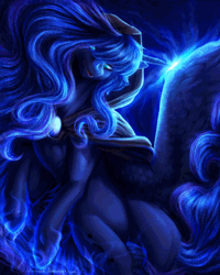 Size: 800x1000 | Tagged: safe, artist:glitteronin, artist:theshadowscale, princess luna, spirit of hearth's warming yet to come, alicorn, pony, a hearth's warming tail, absurd file size, absurd gif size, animated, cape, cinemagraph, clothes, female, gif, glowing, glowing horn, hood, horn, magic, mare, solo, wings