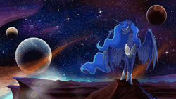 Size: 1280x720 | Tagged: safe, artist:stepandy, artist:theshadowscale, princess luna, alicorn, pony, absurd file size, absurd gif size, animated, cinemagraph, cliff, ethereal mane, female, frown, gif, lidded eyes, mare, planet, scenery, sky, solo, space, spread wings, stars, wings