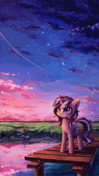 Size: 1124x2000 | Tagged: safe, artist:inowiseei, artist:theshadowscale, oc, oc only, firefly (insect), insect, pony, unicorn, absurd file size, absurd gif size, animated, cinemagraph, cloud, cloudy, cute, female, gif, grass, looking up, mare, moon, night, ocbetes, outdoors, pier, reflection, scenery, scenery porn, shooting star, signature, sky, smiling, solo, standing, stars, twilight (astronomy), wallpaper, water