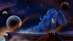 Size: 2560x1440 | Tagged: safe, artist:stepandy, artist:theshadowscale, princess luna, alicorn, pony, absurd file size, animated, chest fluff, cinemagraph, cliff, ethereal mane, female, frown, lidded eyes, mare, planet, scenery, sky, solo, sound, space, spread wings, stars, webm, wings