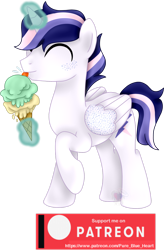 Size: 1280x1948 | Tagged: safe, artist:pure-blue-heart, oc, oc only, oc:dusk bolt, alicorn, pony, alicorn oc, food, freckles, horn, ice cream, magic, male, patreon, patreon logo, patreon reward, simple background, solo, telekinesis, transparent background, watermark, wings