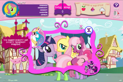 Size: 911x609 | Tagged: safe, screencap, cheerilee, fluttershy, minty, pinkie pie, princess celestia, spike, twilight sparkle, dragon, earth pony, pegasus, pony, unicorn, g3, g4, adventures in ponyville, apple, cloud, cupcake, element of generosity, element of honesty, element of kindness, element of laughter, element of loyalty, element of magic, elements of harmony, eyes closed, food, fruit, g3 to g4, game, generation leap, jewelry, magic, map, megaphone, menu, necklace, ponyville, question mark, scroll, smiling, sparkles, twilight is a lion, unicorn twilight