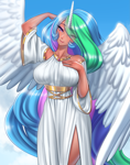 Size: 3773x4800 | Tagged: safe, artist:racoonsan, princess celestia, human, bare shoulders, big breasts, breasts, busty princess celestia, clothes, dress, eye clipping through hair, hair over one eye, horn, horned humanization, humanized, looking at you, moderate dark skin, praise the sun, smiling, smiling at you, solo, tan skin, winged humanization, wings