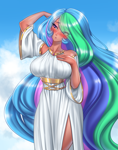 Size: 3773x4800 | Tagged: safe, alternate version, artist:racoonsan, princess celestia, human, bare shoulders, bedroom eyes, big breasts, blushing, breasts, busty princess celestia, clothes, cute, cutelestia, dress, eye clipping through hair, female, hair over one eye, humanized, looking at you, moderate dark skin, praise the sun, robe, solo, tan skin
