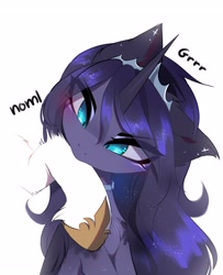 Size: 2600x3200 | Tagged: safe, artist:magnaluna, princess celestia, princess luna, alicorn, pony, g4, behaving like a cat, biting, cute, eye clipping through hair, growling, high res, hooves, nom, simple background, this will end in a trip to the moon, white background
