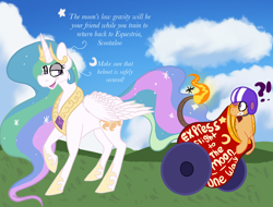 Size: 1168x887 | Tagged: safe, artist:maplefr0st, artist:~doughderg, princess celestia, scootaloo, alicorn, pegasus, pony, g4, cannon, cloud, crown, dialogue, duo, duo female, exclamation point, female, flying lesson, fuse, grass, grass field, helmet, interrobang, jewelry, pony cannonball, question mark, regalia, scootaloo can't fly, smug, this will end in tears and/or a journey to the moon, this will end in tears and/or death and/or covered in tree sap, to the moon, trollestia