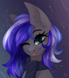 Size: 1840x2060 | Tagged: safe, artist:elektra-gertly, oc, oc only, oc:flaming dune, pegasus, pony, :p, bust, clothes, commission, constellation, cute, ear fluff, female, green eyes, looking at you, mare, multicolored mane, night, night sky, one eye closed, pegasus oc, portrait, scarf, sky, smiling, smiling at you, solo, stars, tongue out, wink, winking at you