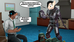 Size: 3840x2160 | Tagged: safe, artist:mr-wolfapex, oc, oc only, oc:kurt marek (electro-crit), anthro, 3d, anthro oc, beskar armor, boba fett, book of boba fett, clothes, cosplay, costume, dialogue, high res, mandalorian, medic, medic (tf2), star wars, team fortress 2, the mandalorian