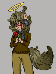Size: 768x1024 | Tagged: safe, artist:sirius(skrepka), derpibooru exclusive, oc, oc only, oc:sagiri himoto, unicorn, anthro, anthrofied, blushing, brown eyes, brown hair, brown tail, clothes, ears, ears up, flower, halo, headphones, horn, looking at you, lowres, missing horn, rose, scarf, solo, sweater, tail, unicorn oc