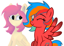 Size: 1000x715 | Tagged: safe, artist:gaffygaff, artist:jennieoo, oc, oc:gaffy, oc:gentle star, pegasus, pony, female, friend, friends, gift art, happy, looking at you, mare, show accurate, simple background, smiling, spread wings, trade, transparent background, vector, wings