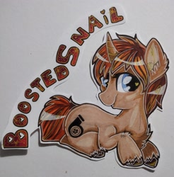 Size: 2822x2868 | Tagged: safe, artist:annuthecatgirl, oc, oc only, oc:boosted snail, pony, unicorn, badge, high res, solo, traditional art