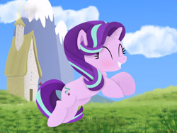 Size: 1280x960 | Tagged: safe, artist:thedarktercio, starlight glimmer, pony, unicorn, g4, cloud, cute, eyes closed, female, glimmerbetes, grass, happy, house, jumping, mare, mountain, sky, smiling, solo, sun