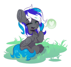 Size: 1314x1238 | Tagged: safe, artist:fairyg, oc, oc only, oc:flaming dune, pegasus, pony, cute, eyes closed, female, folded wings, full body, grass, happy, heart, mare, multicolored mane, open mouth, open smile, pegasus oc, simple background, sitting, smiling, smiling at you, solo, transparent background, wings