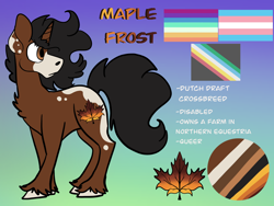 Size: 2224x1668 | Tagged: safe, artist:maplefr0st, artist:~doughderg, oc, oc only, oc:maple frost, pony, unicorn, autumn, disabled, draft horse, pride, pride flag, queer, reference sheet, spots, transgender pride flag