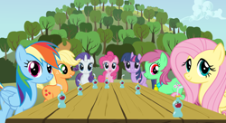 Size: 938x512 | Tagged: safe, edit, edited screencap, screencap, applejack, fluttershy, minty, pinkie pie, rainbow dash, rarity, twilight sparkle, earth pony, pegasus, pony, unicorn, applebuck season, g3, g4, adventures in ponyville, apple juice, bare tree, drink, drinking straw, g3 to g4, generation leap, jewelry, juice, looking at you, mane six, necklace, one of these things is not like the others, open mouth, smiling, sweet apple acres, table, tree, unicorn twilight