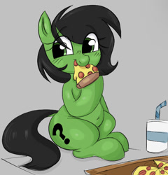 Size: 1166x1216 | Tagged: safe, artist:mushy, oc, oc:filly anon, earth pony, pony, aggie.io, belly, chubby, eating, female, filly, food, gray background, meat, peetzer, pepperoni, pepperoni pizza, pizza, pizza box, simple background, soda, solo