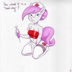 Size: 1240x1240 | Tagged: safe, artist:furryfantan, nurse redheart, earth pony, anthro, g4, angry, blue eyes, breasts, clothes, erotica, female, nurse, pink hair, simple background, sitting, solo, stockings, syringe, text, thigh highs, uniform