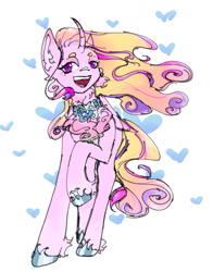 Size: 941x1200 | Tagged: safe, artist:man;, artist:millman;, princess cadance, alicorn, pony, g4, chest fluff, curved horn, ear fluff, heart, horn, lidded eyes, looking at you, love, open mouth, open smile, pink, princess, simple background, smiling