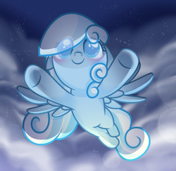 Size: 983x959 | Tagged: safe, artist:gouzitongxue23284, oc, oc:snowdrop, pegasus, pony, blushing, cloud, female, filly, flying, foal, night, smiling, solo