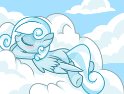 Size: 2048x1556 | Tagged: safe, artist:gouzitongxue23284, oc, oc:snowdrop, pegasus, pony, blushing, cloud, eyes closed, female, filly, foal, lying down, lying on a cloud, on a cloud, sleeping, smiling, solo