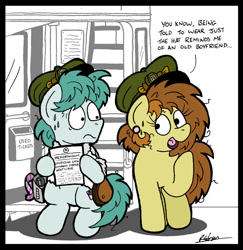 Size: 1024x1055 | Tagged: safe, artist:bobthedalek, oc, oc only, oc:bubble pump, oc:clippy ticket, earth pony, pegasus, pony, comic:trottingham transport, bus, clothes, female, hat, heatwave, male, mare, paper, shirt, stallion, sweat, sweatdrop