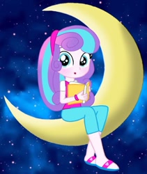 Size: 674x797 | Tagged: safe, artist:suzanflour508, princess flurry heart, human, equestria girls, g4, book, crescent moon, cute, equestria girls-ified, female, moon, older, older flurry heart, solo