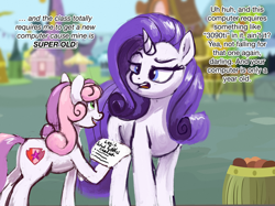 Size: 2732x2048 | Tagged: safe, artist:phutashi, rarity, sweetie belle, pony, unicorn, dialogue, duo, duo female, eye contact, female, filly, foal, frown, high res, hoof hold, lies, list, looking at each other, looking at someone, mare, missing horn, open mouth, open smile, raised eyebrow, raised hoof, rarity is not amused, siblings, sisters, smiling, unamused